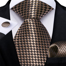 DiBanGu Bucket Tie Brown Woven Plaid Men's Silk Tie Hanky Cufflinks Set
