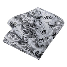 Silver White Black Floral Men's Tie Handkerchief Cufflinks Clip Set