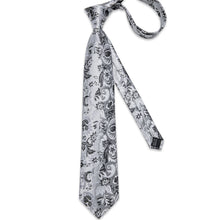 Silver White Black Floral Men's Silk Tie Handkerchief Cufflinks Set