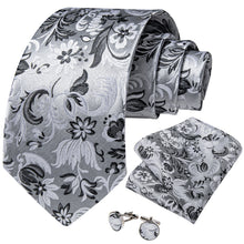 Silver White Black Floral Men's Silk Tie Handkerchief Cufflinks Set
