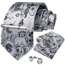 Silver White Black Floral Men's Tie Handkerchief Cufflinks Clip Set