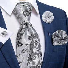 Silver Grey White Floral Silk Men's Necktie Handkerchief Cufflinks Set With Lapel Pin Brooch Set
