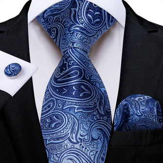 Blue Paisley Tie Pocket Square Cufflinks Set