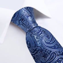 Blue Silver Floral Men's Tie Handkerchief Cufflinks Clip Set