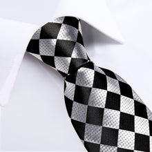 Black Silver Plaid Men's Tie Handkerchief Cufflinks Clip Set