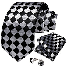 Black Silver Lattice Men's Tie Pocket Square Cufflinks Set