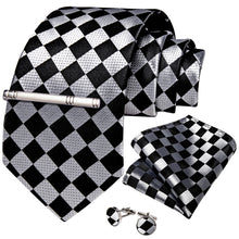Black Silver Plaid Men's Tie Handkerchief Cufflinks Clip Set