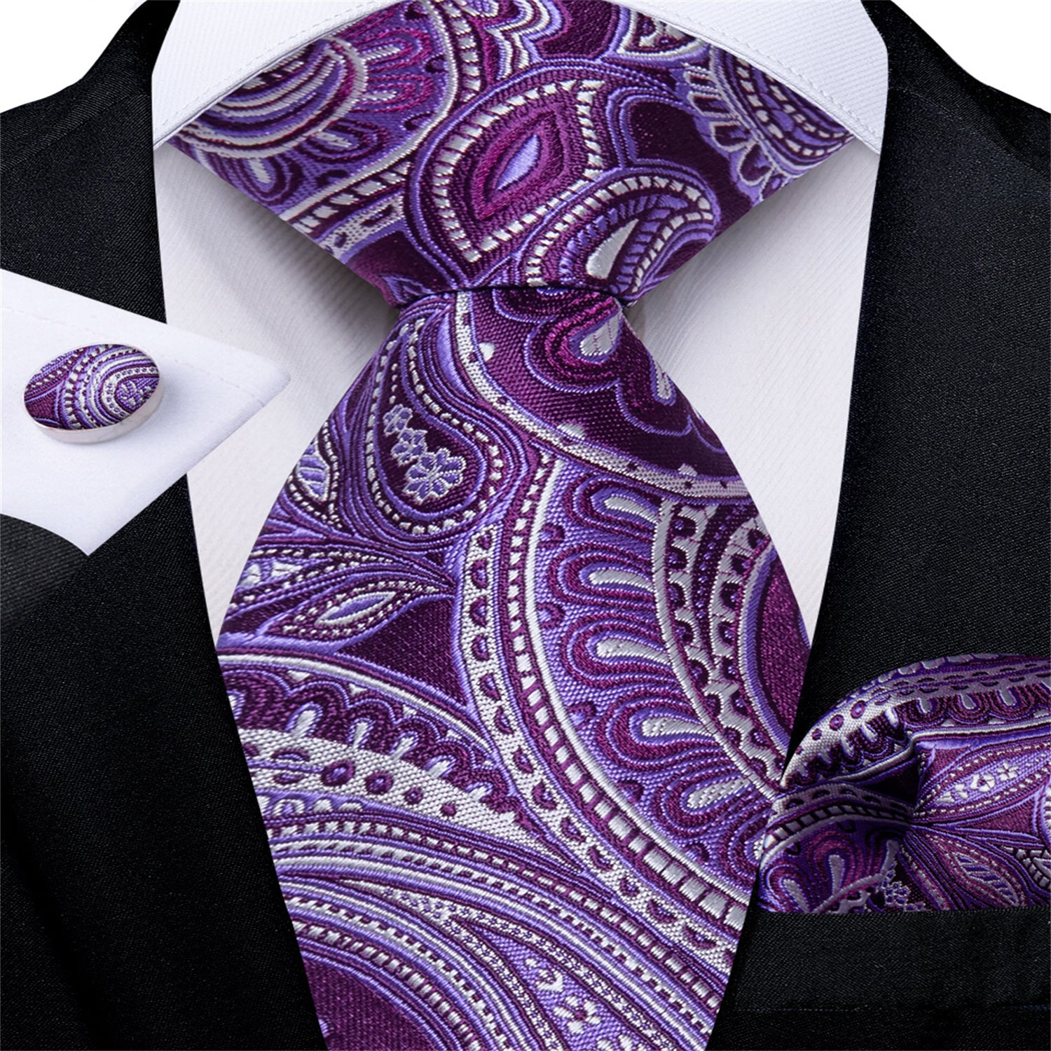 DiBanGu Bucket Tie Purple White Paisley Men's Silk Tie Set
