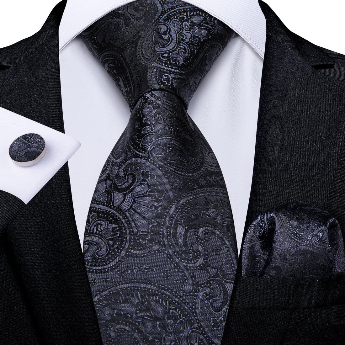 black paisley mens silk ties pocket square cufflinks set