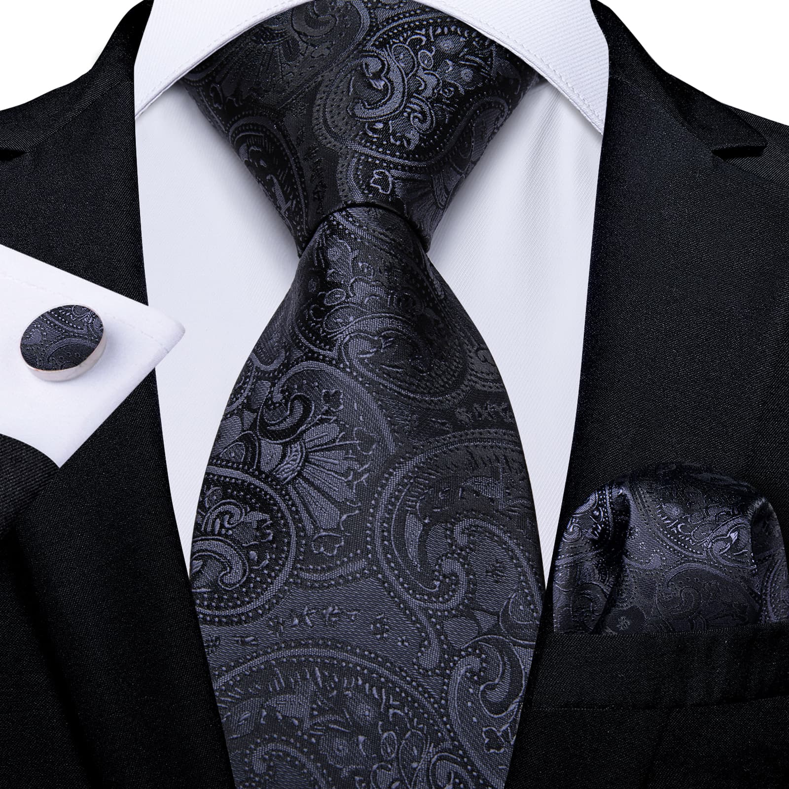 black paisley mens silk ties pocket square cufflinks set