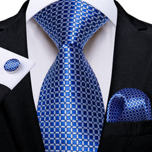 Blue Plaid Men's Silk Tie Handkerchief Cufflinks Set