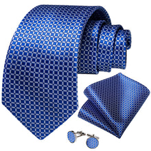 Blue Plaid Men's Silk Tie Handkerchief Cufflinks Set