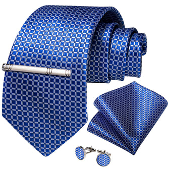 Blue Plaid Men's Tie Handkerchief Cufflinks Clip Set