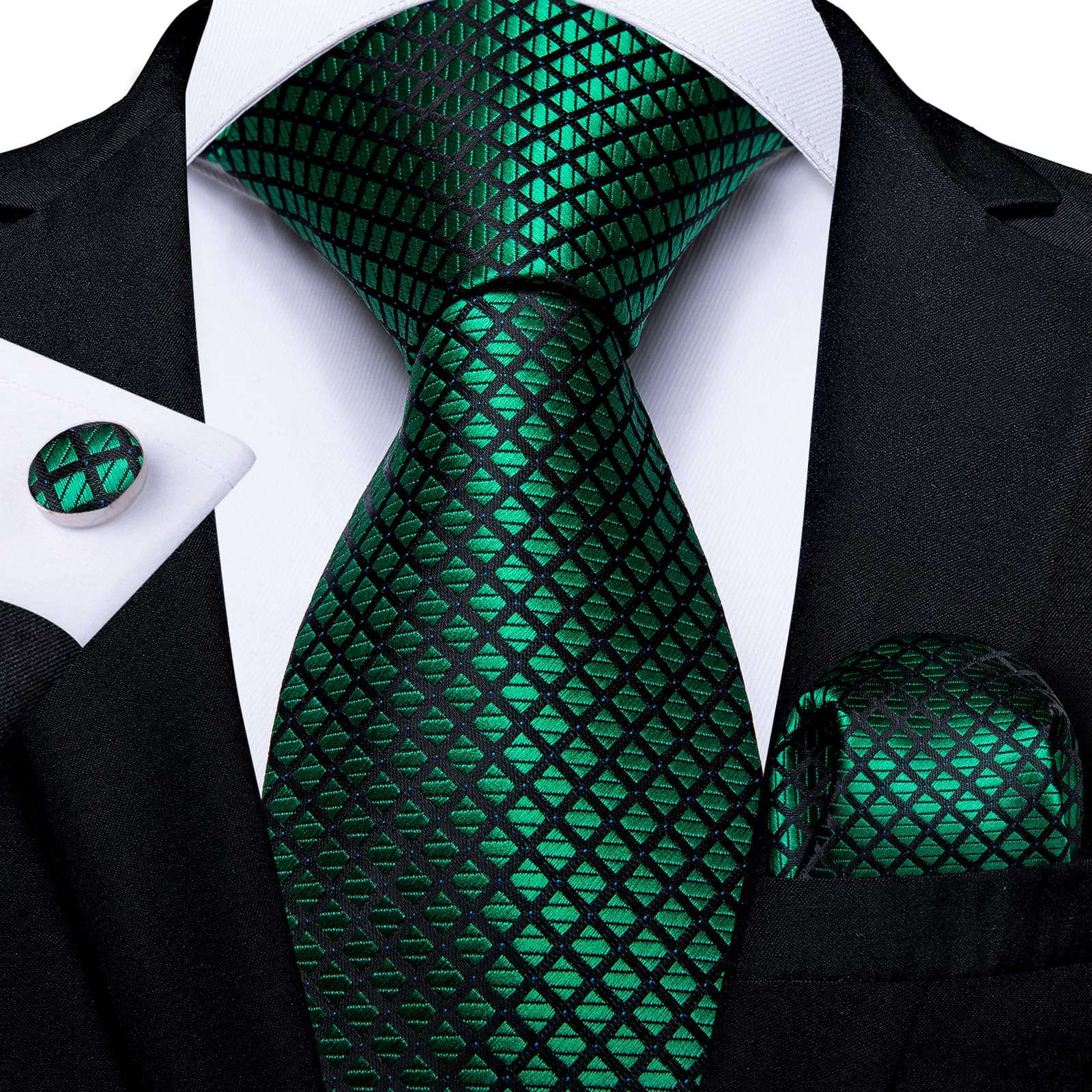 green black lines plaid mens silk ties handkerchief cufflinks set for mens suit dress