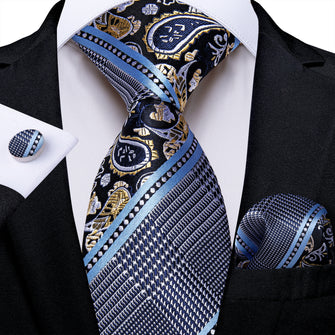 Grey Blue Novelty  Men's Tie Handkerchief Cufflinks Set