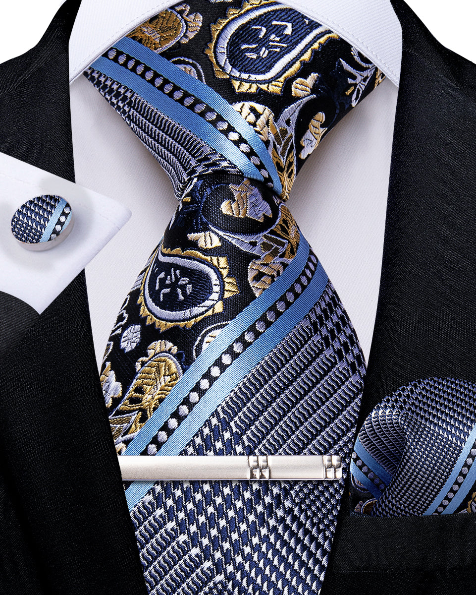 Grey Blue Novelty Men's Tie Handkerchief Cufflinks Clip Set