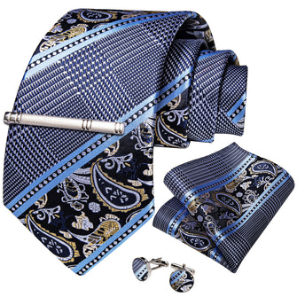 Grey Blue Novelty Men's Tie Handkerchief Cufflinks Clip Set