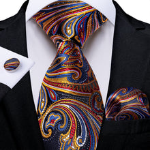 Blue Red Golden Floral Men's Silk Tie Handkerchief Cufflinks Set