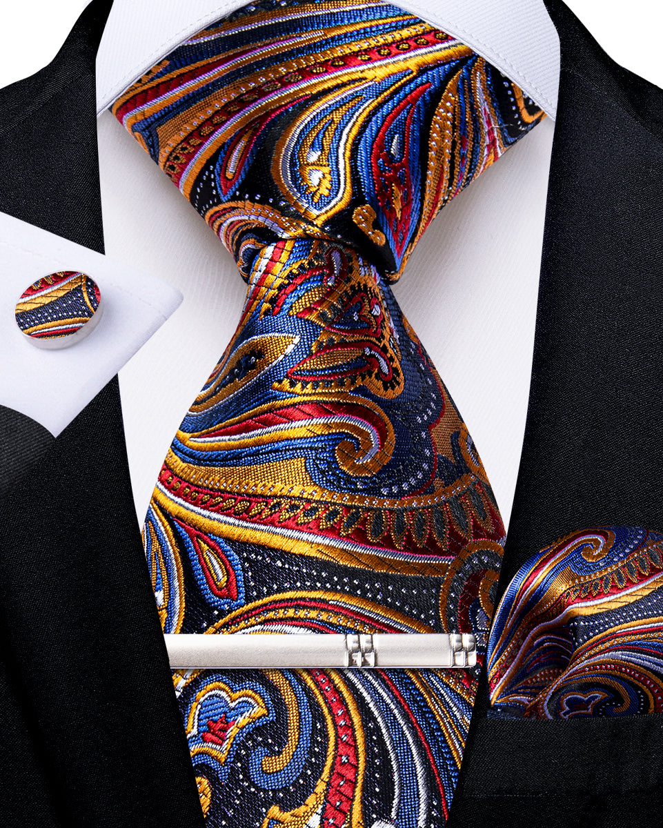 Blue Red Golden Floral Men's Tie Handkerchief Cufflinks Clip Set