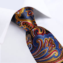 Blue Red Golden Floral Men's Tie Handkerchief Cufflinks Clip Set