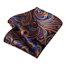 Blue Red Golden Floral Men's Silk Tie Handkerchief Cufflinks Set
