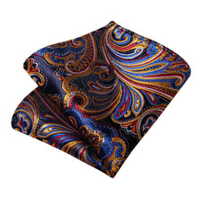 Blue Red Golden Floral Men's Tie Handkerchief Cufflinks Clip Set