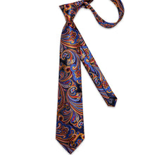 Blue Red Golden Floral Men's Silk Tie Handkerchief Cufflinks Set