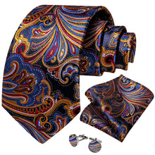 Blue Red Golden Floral Men's Silk Tie Handkerchief Cufflinks Set