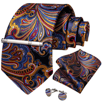 Blue Red Golden Floral Men's Tie Handkerchief Cufflinks Clip Set