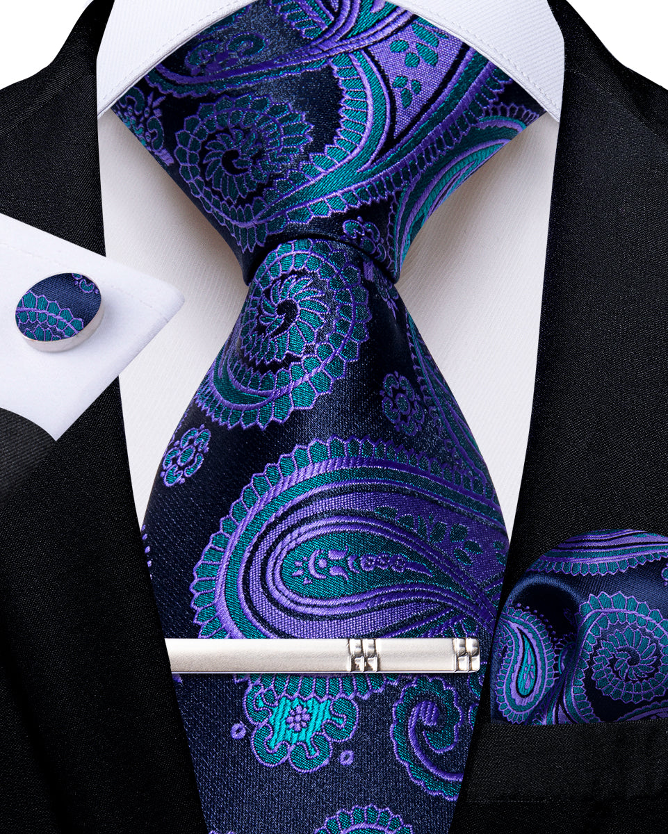 Blue Paisley Men's Tie Handkerchief Cufflinks Clip Set