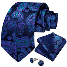 Blue Paisley Men's Silk Tie Handkerchief Cufflinks Set