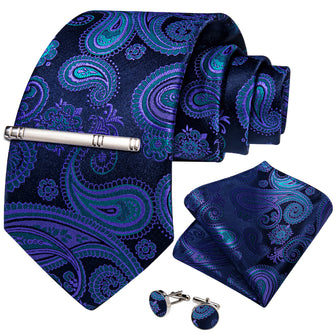 Blue Paisley Men's Tie Handkerchief Cufflinks Clip Set