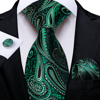 Black Green Paisley Men's Silk Tie Handkerchief Cufflinks Set