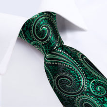 Black Green Paisley Men's Silk Tie Handkerchief Cufflinks Set