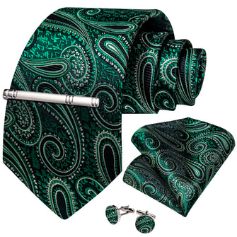 Green Paisley Men's Tie Handkerchief Cufflinks Clip Set