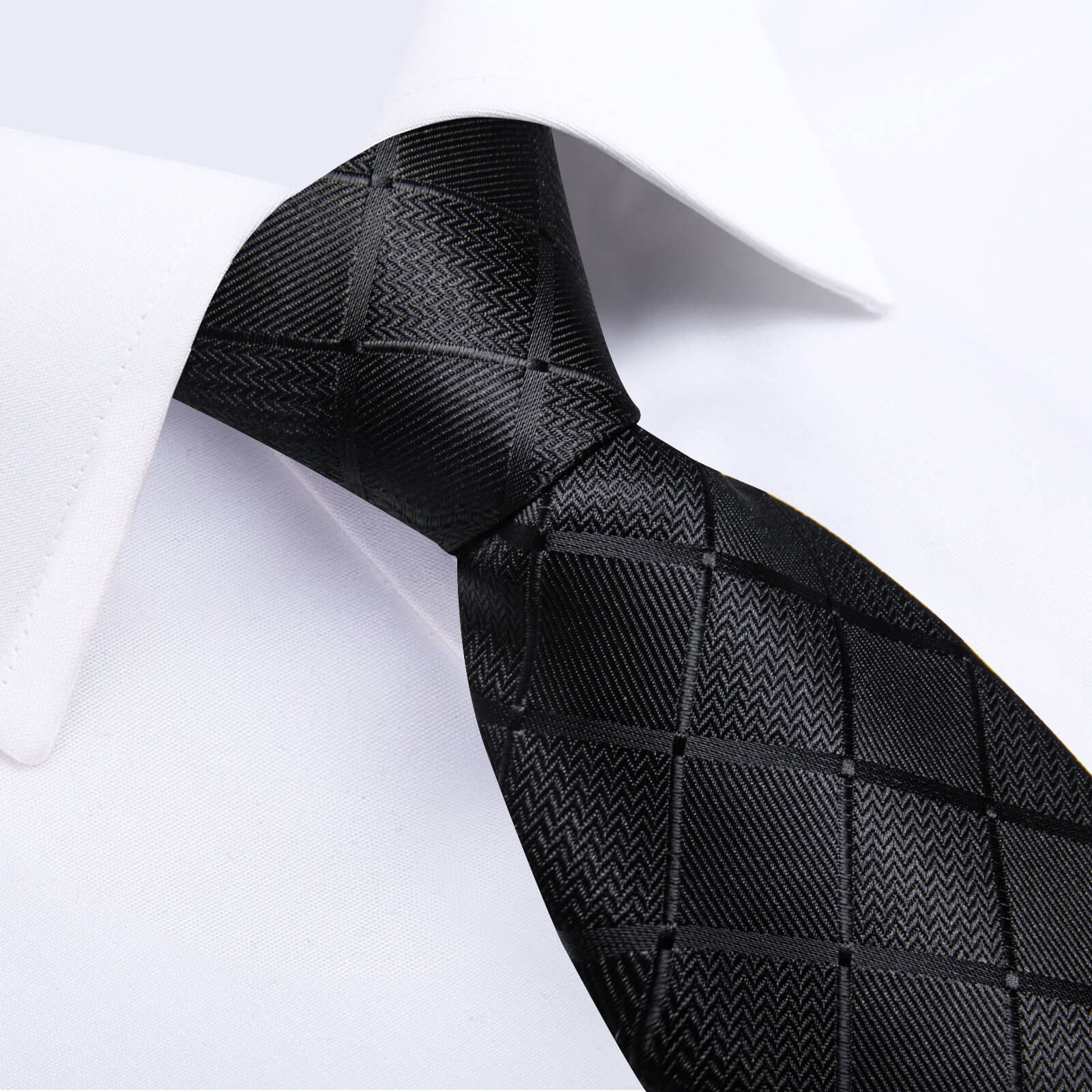 DiBanGu Bucket Tie Black Plaid Men's Silk Tie Handkerchief Cufflinks Set