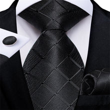 DiBanGu Bucket Tie Black Plaid Men's Silk Tie Handkerchief Cufflinks Set