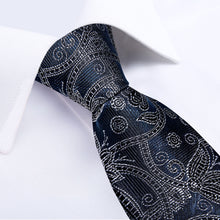 DiBanGu Blue Tie White Floral Easy-pull Men's Silk Tie Handkerchief Cufflinks Set