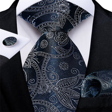 DiBanGu Blue Tie White Floral Easy-pull Men's Silk Tie Handkerchief Cufflinks Set