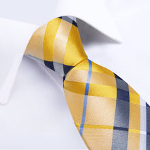 DiBanGu Yellow Tie Blue White Plaid Easy-pull Silk Tie Handkerchief Cufflinks Set for Men