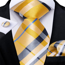 DiBanGu Yellow Tie Blue White Plaid Easy-pull Silk Tie Handkerchief Cufflinks Set for Men