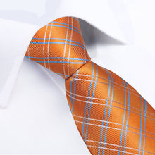 DiBanGu Orange Tie Blue White Plaid Easy-pull Silk Tie Hanky Cufflinks Set for Men