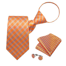  Orange Tie Blue White Plaid Easy-pull Silk Tie