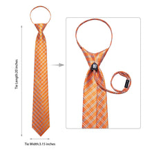 DiBanGu Orange Tie Blue White Plaid Easy-pull Silk Tie Hanky Cufflinks Set for Men