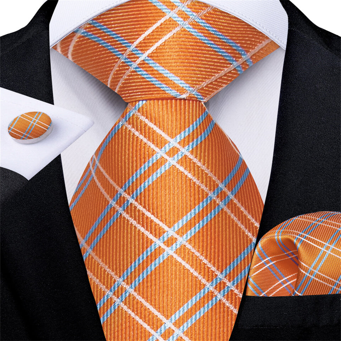  Orange Tie Blue White Plaid Easy-pull Silk Tie