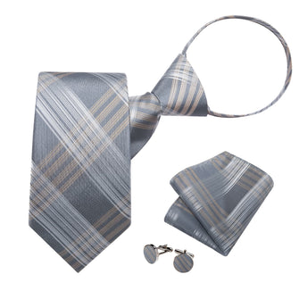 Silk Tie Grey White Brown Plaid Lazy Mens Dress Tie Hanky Cufflinks Set