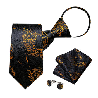 Men's Tie Black Gold Floral Easy-pull Silk Tie
