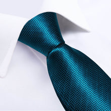 DiBanGu Men's Tie Teal Blue Striped Bucket Silk Tie Hanky Cufflinks Set