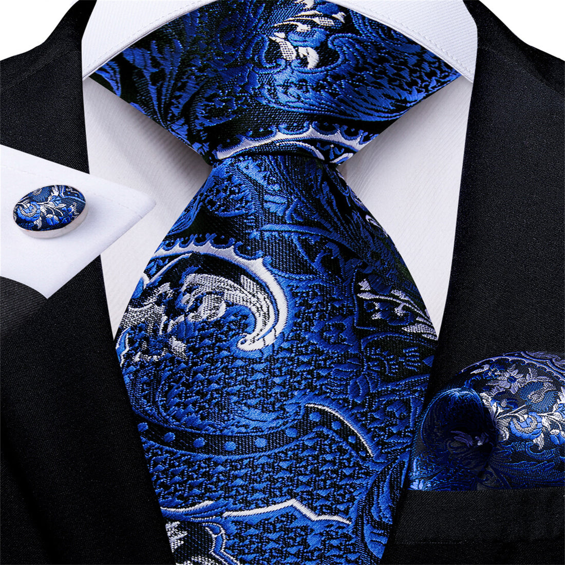 Blue White Jacquard Floral Bucket Silk Tie
