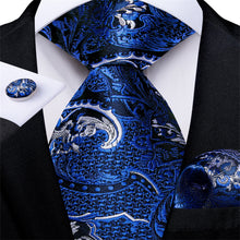 DiBanGu Men's Tie Blue White Jacquard Floral Bucket Silk Tie Hanky Cufflinks Set